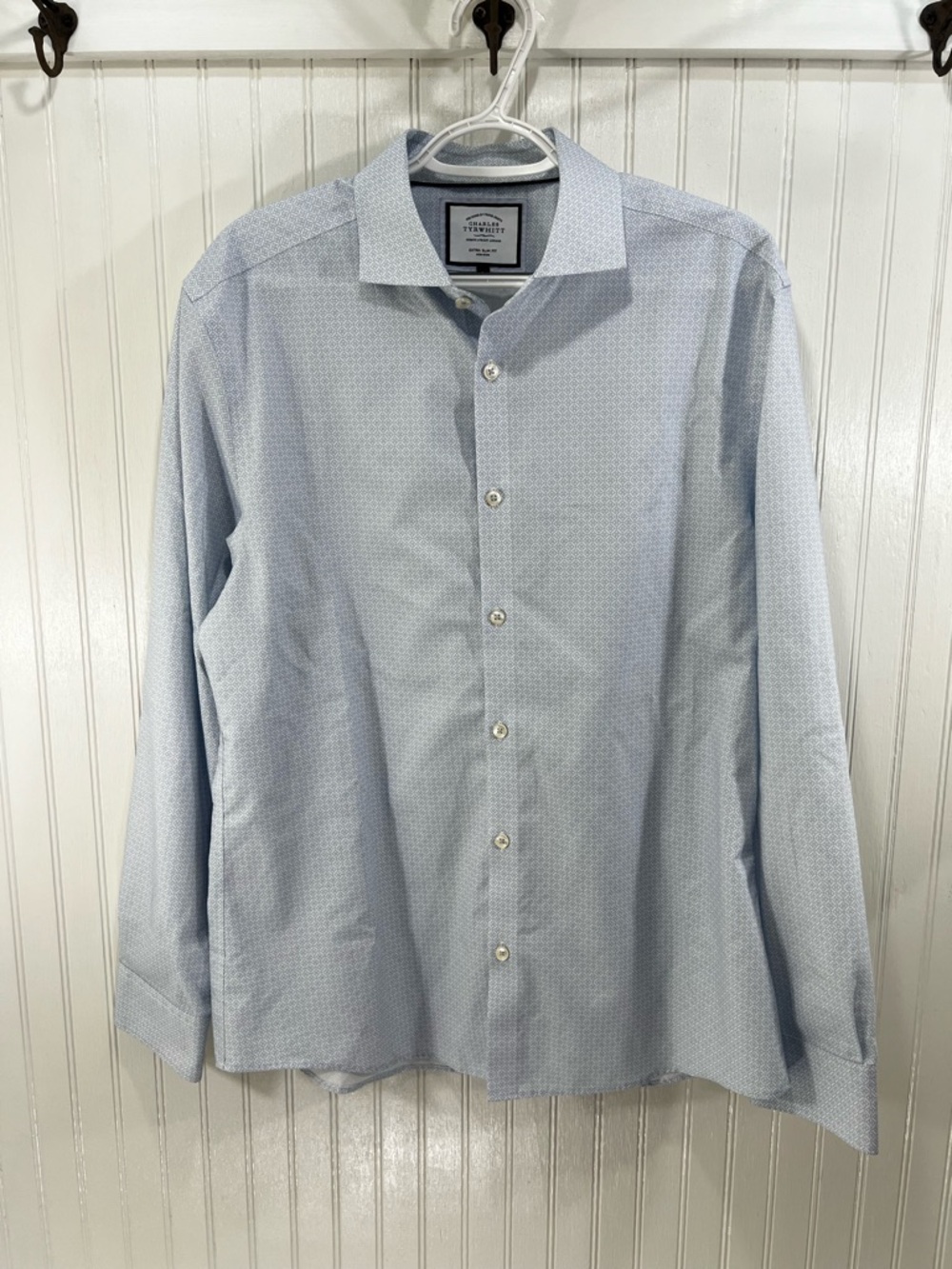 Charles Tyrwhitt Extra Slim Shirt L Blue Geometric Non Iron Cotton